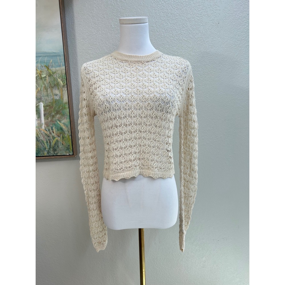 ASTR The Label Cream Crochet Open Knit Cropped Sweater M